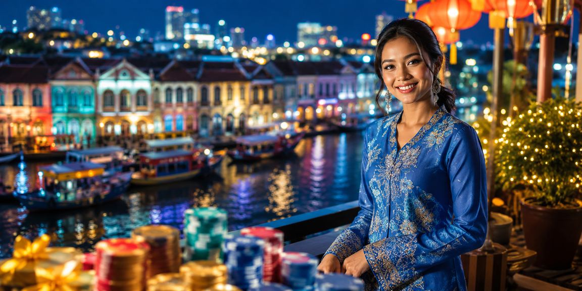 Pemain wanita berbaju kurung menerima cashback bonus di platform slot Penang